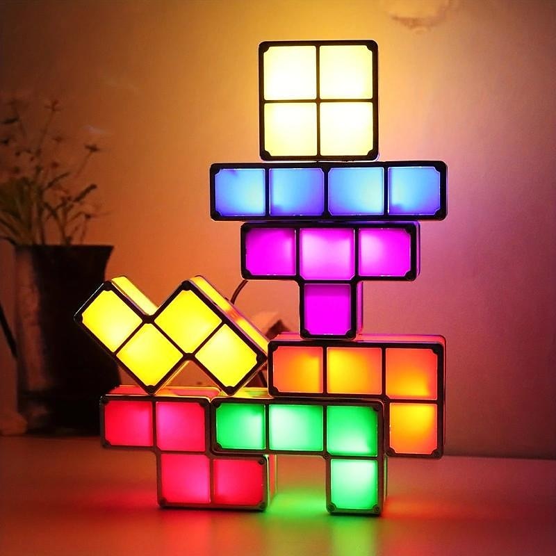Night Light For Kids Stackable LED 7 Colors 3D Puzzles Night Light Induction Interlocking Desk Lamp For Kids Teens Bedroom DIY Tangram Light Blocks Puzzles Lamp