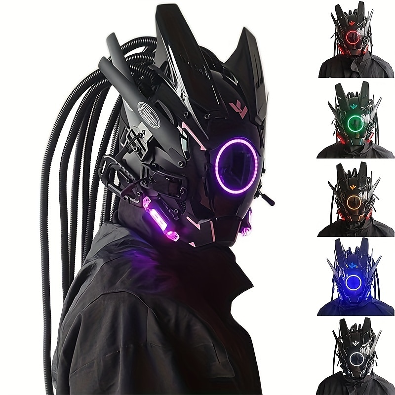 Cyberpunk Mask Mask Round Light Wing Braid Music Festival LED Light Mask Cosplay Cosplay Mobile APP, Futurist Science Fiction Mechanical Mask Hallowee