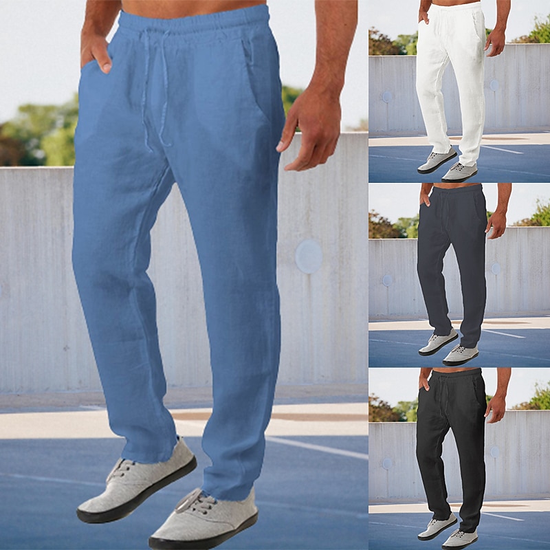 Men's Linen Pants Trousers Summer Pants Pocket Plain Comfort Breathable Outdoor Daily Going out Fashion Streetwear Black White