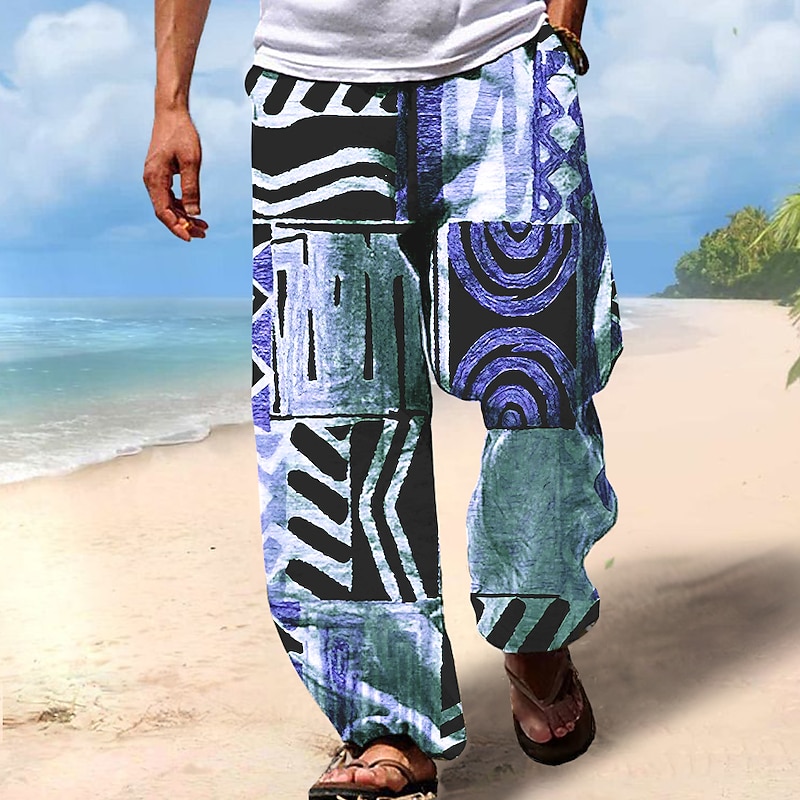 Christmas Beach Pants Tribal Geometric Pattern Mens Graphic | Summer Daily Holiday Brown Cotton | African | Trousers Drawstring Elastic Waist 3D Print Color Block Prints Comfort Casual2