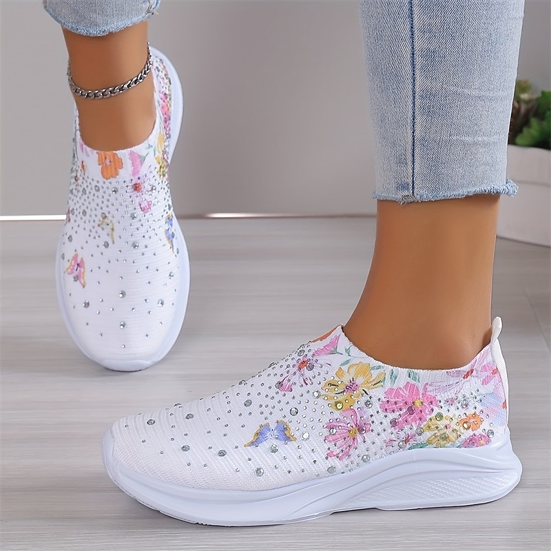 Women's White Slip-On Sneakers with Floral Print and Rhinestones for Casual Wear4