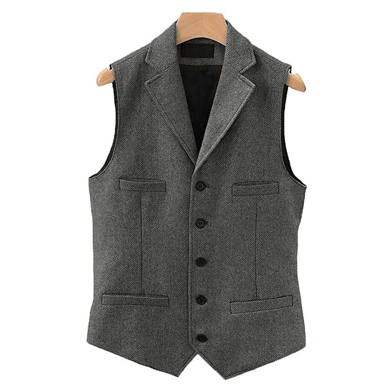 Men's Vest Gilet Daily Wear Vacation Going out Vintage Fashion Spring &  Fall Button Polyester Comfortable Plain Single Breasted V Neck Regular Fit Light Blue Deep Green Gray Green Lake blue Vest