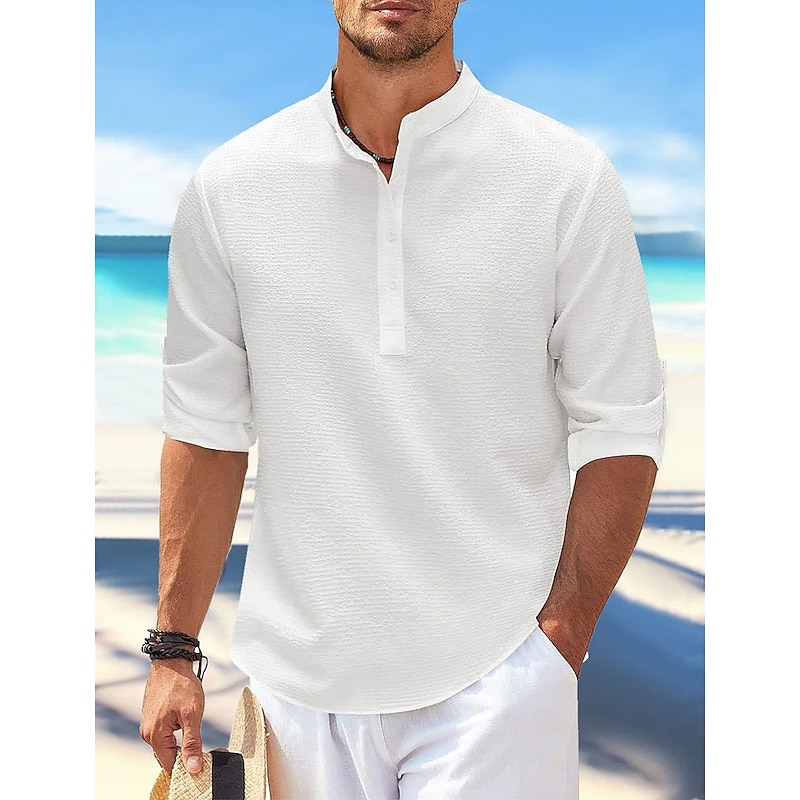 Men's Shirt Popover Shirt Summer Shirt Beach Wear Casual Shirt Band Collar Shirt White Blue Light Grey Dark Gray Long Sleeve Plain Henley Daily Vacation Clothing Apparel Cotton Blend Fashion Casual3