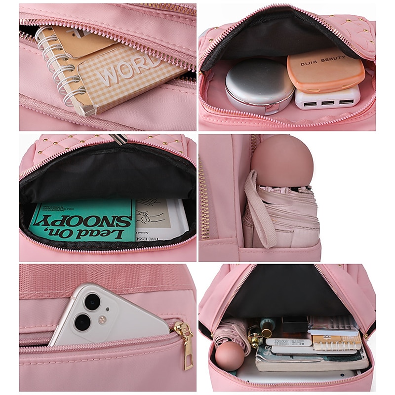 Women's Beige Quilted Backpack with Gold Studs – Stylish Oxford Cloth School Bag for Travel, Work & Daily Use4