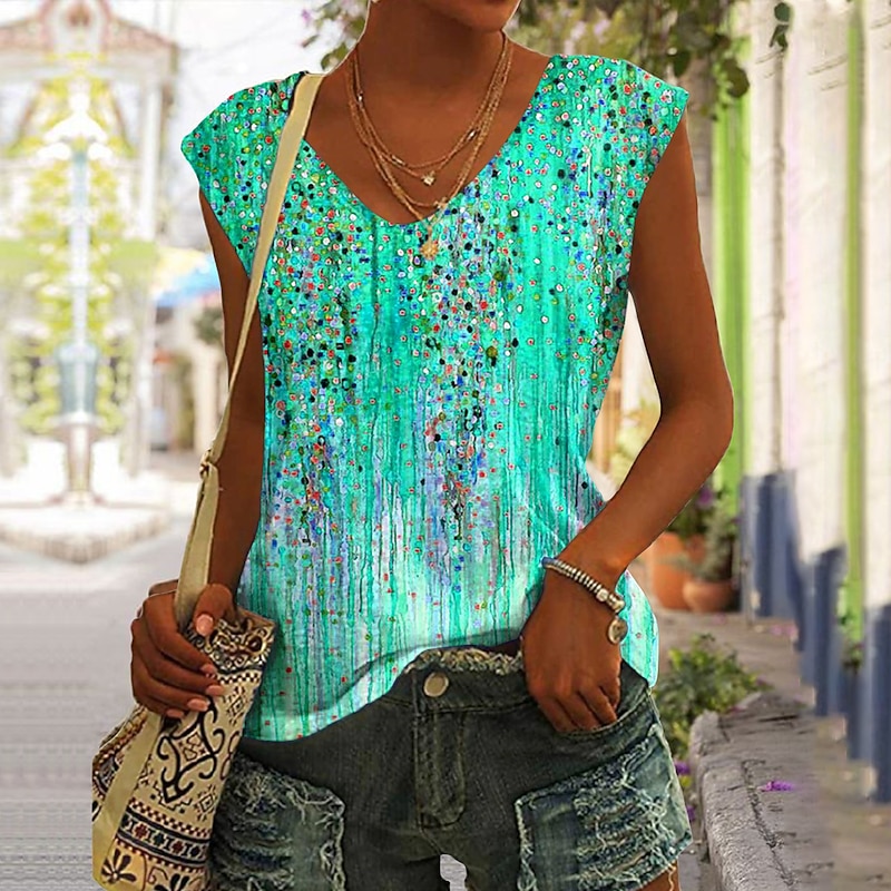 Women's Camisole Tank Top Basic Print Sleeveless Regular Tops V Neck Casual Pink Blue Purple Orange Green3