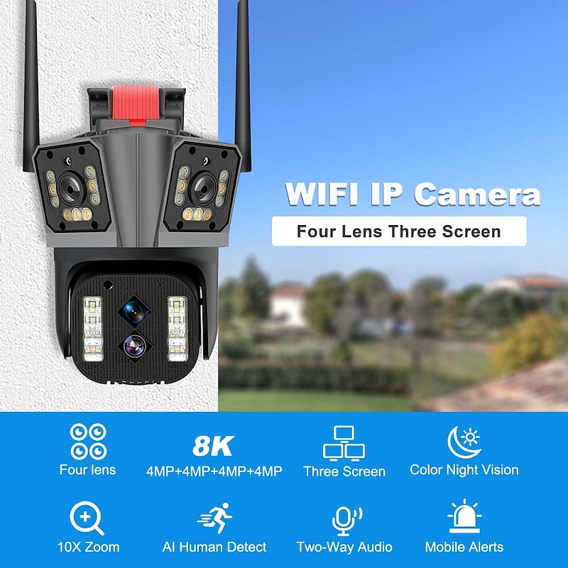16MP 8K WiFi IP Camera 10X Zoom 4K Outdoor Security Camera Surveillance AI Track Four Lens Three Screen Mini Street Camera 360°2