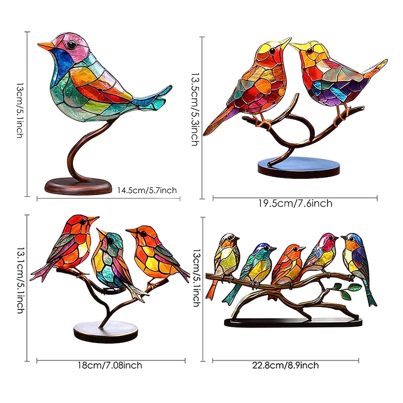 Stained Birds On Branch Desktop Ornaments,Metal Flat Vivid Birds Decorations On Branch,Double Sided Multicolor Hummingbird Craft Statue Table Gift for Bird Lovers3