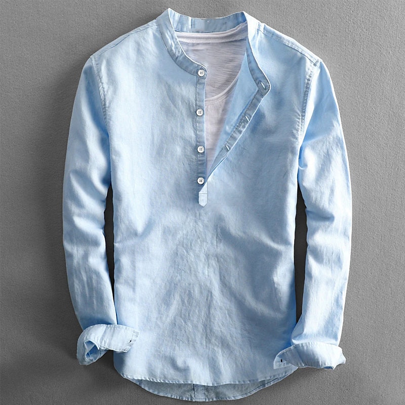 Men's Popover Shirt Summer Shirt Beach Wear Casual Shirt Band Collar Shirt Plain Vacation Casual Black White Pink Orange Long Sleeve Collar Spring & Summer Clothing Apparel2