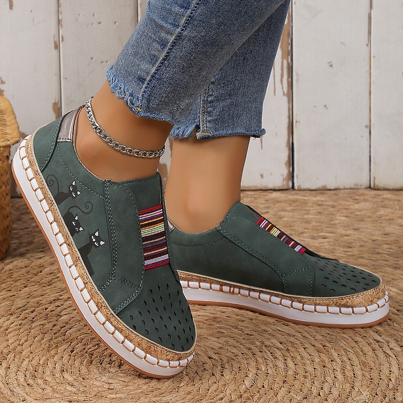 Women's Green Cat Print Slip-On Casual Sneakers – Breathable Loafers with Elastic Panel for Walking, Travel & Everyday Wear3