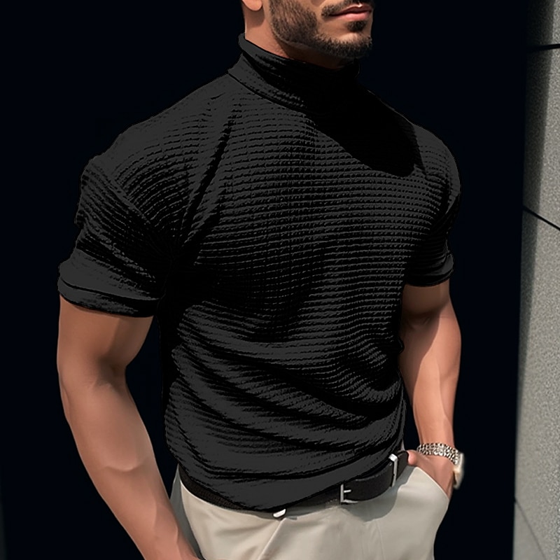 Men's Waffle Shirt T Shirt Tee Top Short Sleeves Turtleneck Summer Plain Fashion Designer Basic Vacation Street Going out Black White Brown Top Tee for Men4