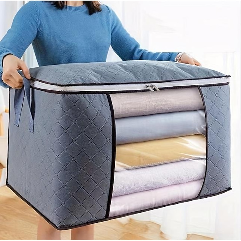Large Capacity Clothes Storage Bag Organizer With Reinforced Handle Thick Fabric For Comforters, Blankets, Bedding, Foldable With Sturdy Zipper, Clear Window