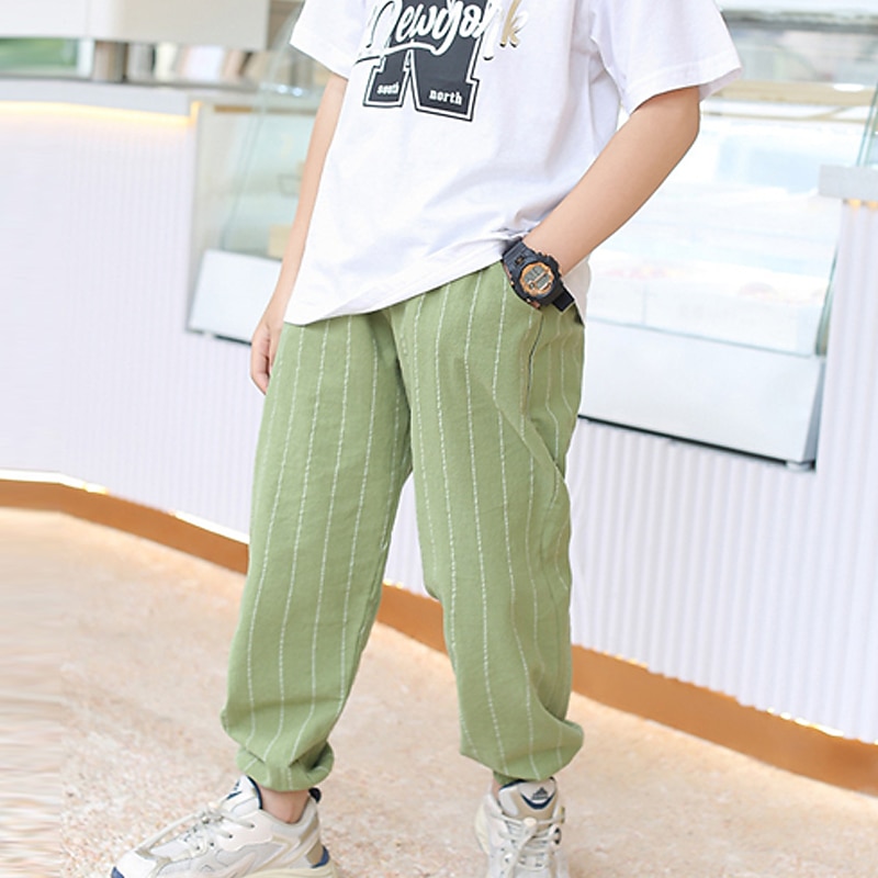 Boys Linen Pants Kids Boys Pants Trousers Pocket Stripe Breathable Comfort Pants Outdoor Fashion Daily Basic Black White Dark Green Mid Waist3