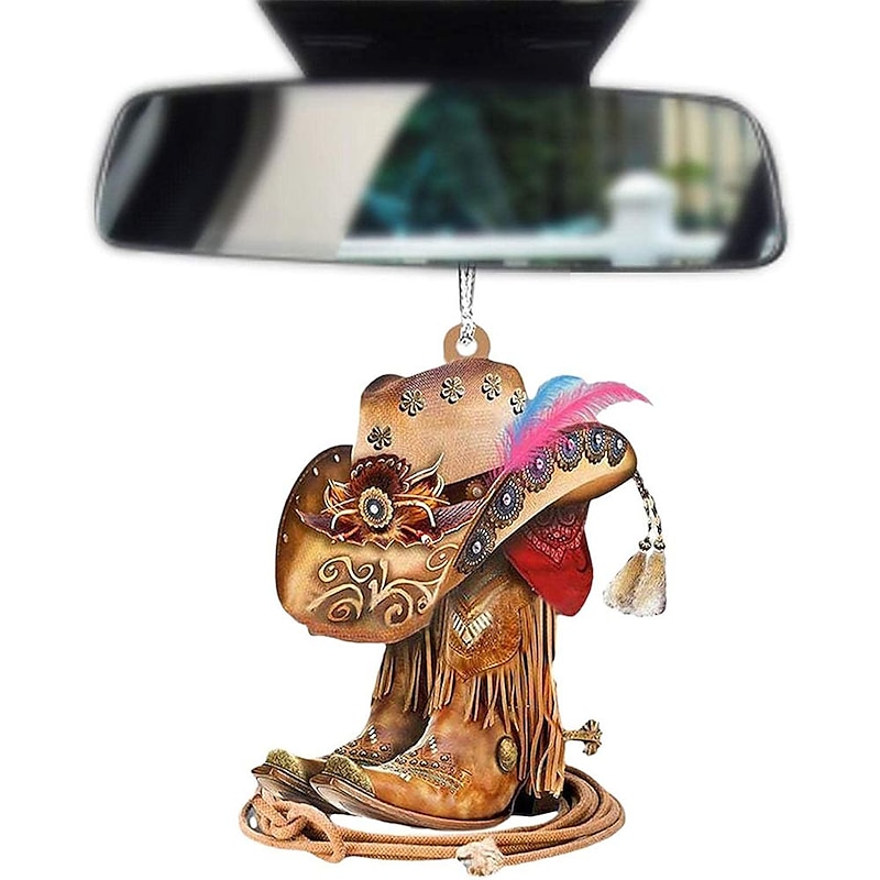 Car Rear View Mirror Hanging Accessories - Cowboy Boots, Cowboy Hat, and Saddle Keychain Ornament for Car Decoration3