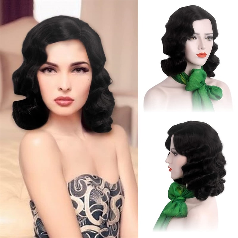 Black 20s Wig for Women Long Finger Wave Party Wig Synthetic Full Vintage Wigs for Womens Lady Cosplay Costume Fancy Dress 1920s Flapper Wig Halloween Wigs
