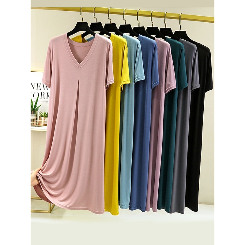 Women's Pajamas Nightgown Nightshirt Dress Pure Color Simple Casual Soft Home Daily Bed Modal Breathable V Wire Short Sleeve Summer Fall Home Outfits