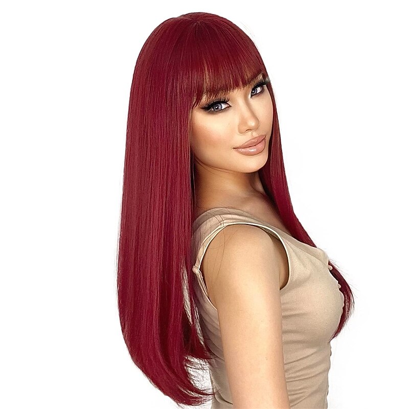 Red Wigs for Women Long Straight Wig with Bangs Synthetic Burgundy Wig Colored Cosplay Wig for Girls Daily Party Use 22 Inch Halloween Wigs3