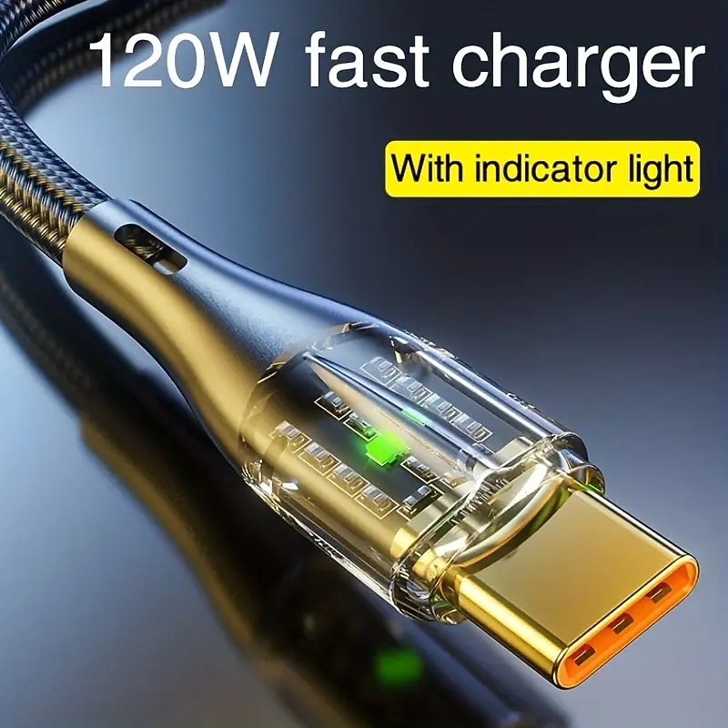 120W Fast Charging Cable 6A Transparent Shell Design Indicator Light Type-C Suitable for Apple Samsung LeTV Xiaomi LG BBK Oppo - 100cm/150cm/200cm