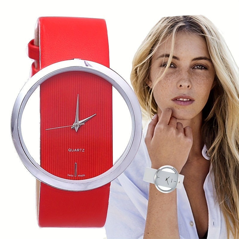 Round Pointer Quartz Watch Minimalist Clear Dial Novelty Wristwatch With Leather Watchband For Women Men