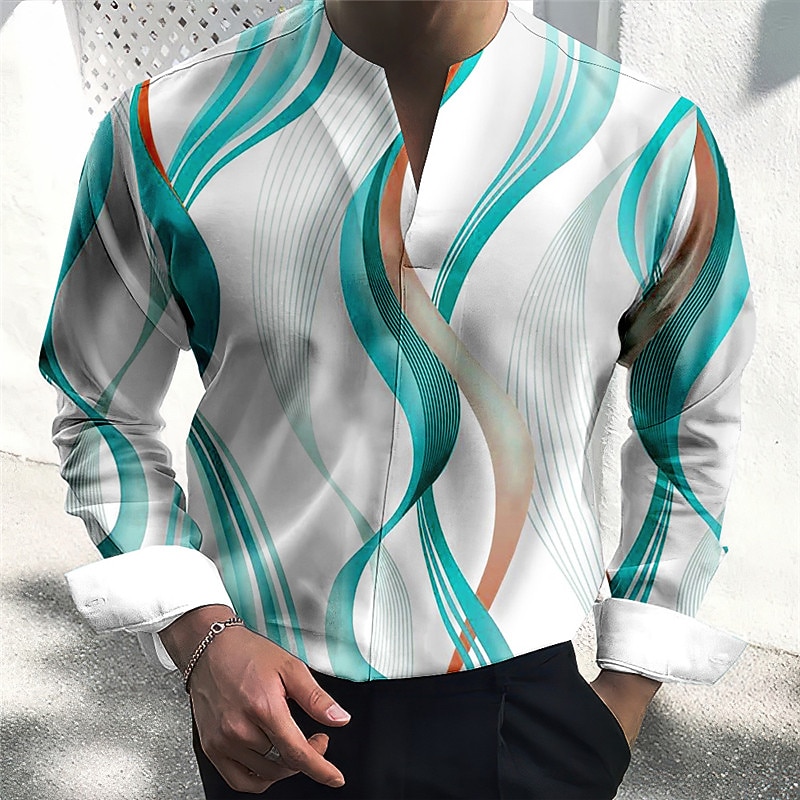 Men's Geometric Pattern Curve Geometry Shirt Button Up Shirt Long Sleeve Fashion Streetwear Designer Outdoor Casual Daily Summer Fall V Neck Print Blue-Green Wine Blue Green Gray4