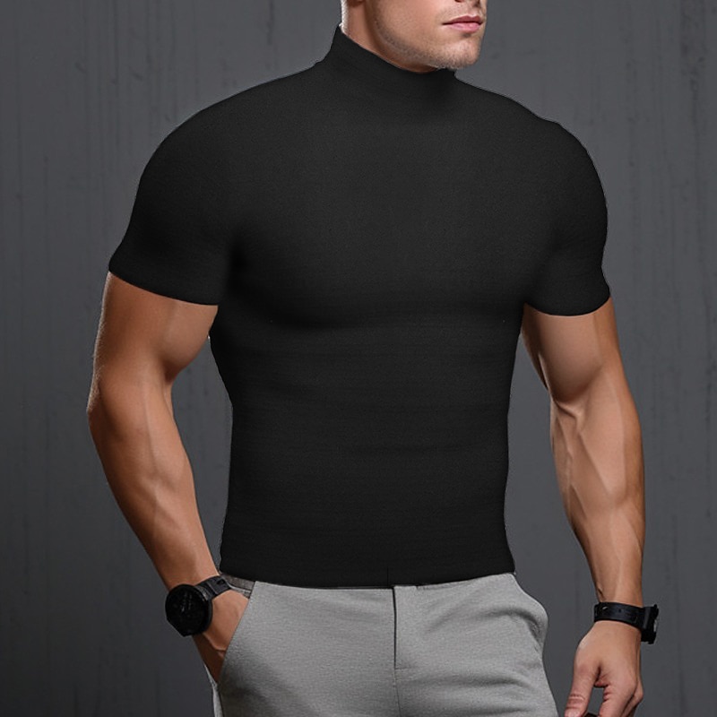 Men's T Shirt Tee Top Short Sleeves Turtleneck Summer Plain Pit Strip Fashion Designer Basic Vacation Street Going out Black White Khaki Top Tee for Men3