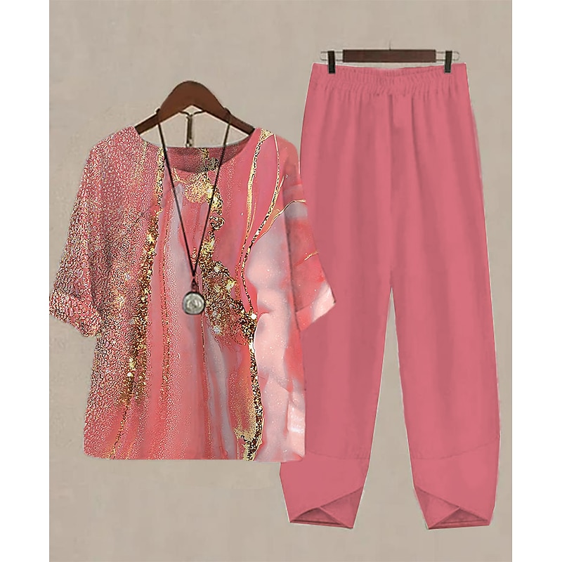 Women's 2 Pieces Daily Basic Shirt Pants Sets Pants Trousers Round Neck Graphic Print Holiday Weekend Pink Red Blue Fall & Winter Regular Fit2