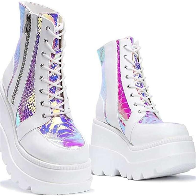 Women's Holographic Snake - Print Platform Ankle Boots, Edgy Punk Goth Style with Chunky Heel & Side Zipper, Perfect for Night Out & Festival Looks3