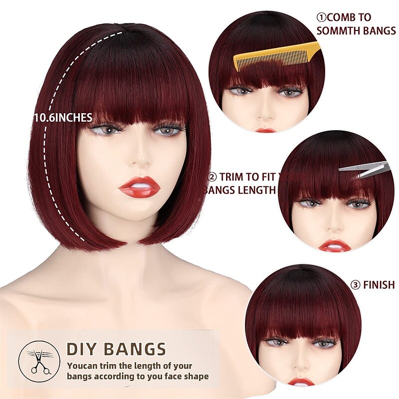 Short Wine Red Bob Wig with Bangs Straight Burgundy Wig Bob for Women Short Straight Wig Natural Looking for Daily and Party Halloween Wigs4