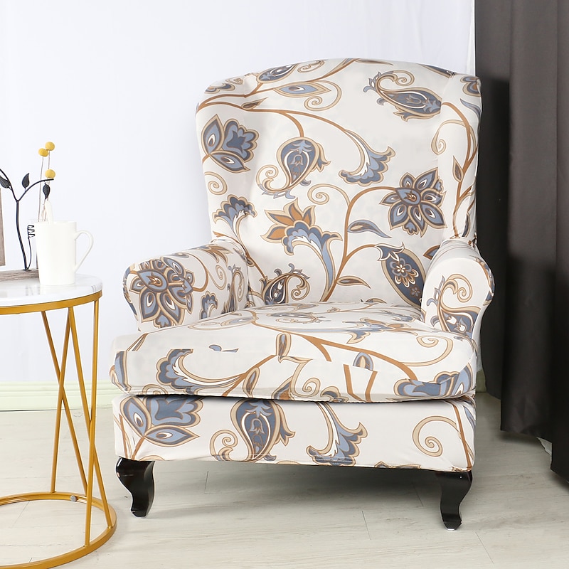 1 Set of 2 Pieces Floral Printed Stretch Wingback Chair Cover Wing Chair Slipcovers Spandex Fabric Wingback Armchair Covers with Elastic Bottom for Living Room Bedroom Decor3