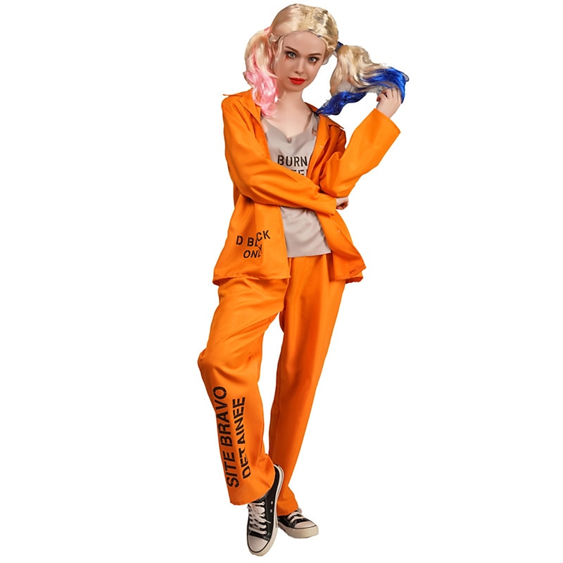 Couples Prisoner Harley Quinn Halloween Group Couples Costumes Men's Women's Movie Cosplay Cosplay Costumes Orange Top Pants Halloween Carnival Masquerade2