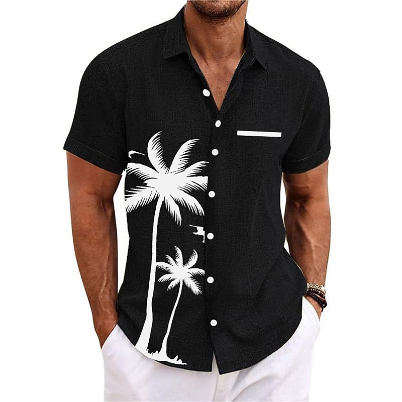 Men's Coconut Tree Tropical Plants Shirt Summer Hawaiian Shirt Aloha Shirt Short Sleeves Shirt Turndown Sports Fashion Streetwear Outdoor Street Daily Black White Blue S M L