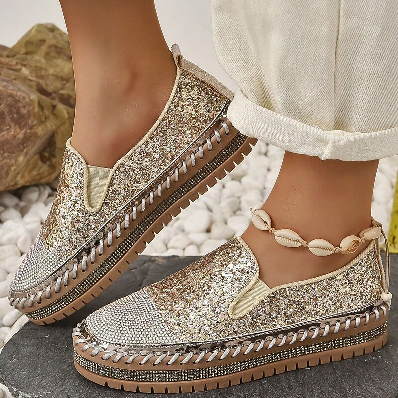 Women's Glitter Slip-On Loafers – Sparkly Rhinestone Embellished Platform Shoes for Casual Wear and Summer Outings