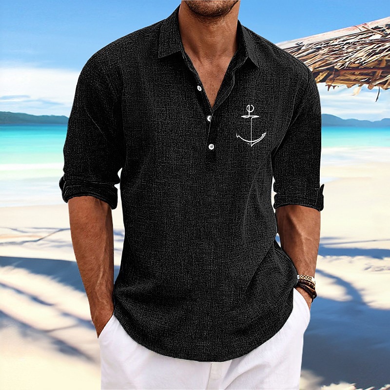 Men's Anchor Shirt Button Up Shirt Long Sleeve Fashion Streetwear Designer Outdoor Casual Daily Summer Fall Stand Collar Print Black Blue Khaki Gray4