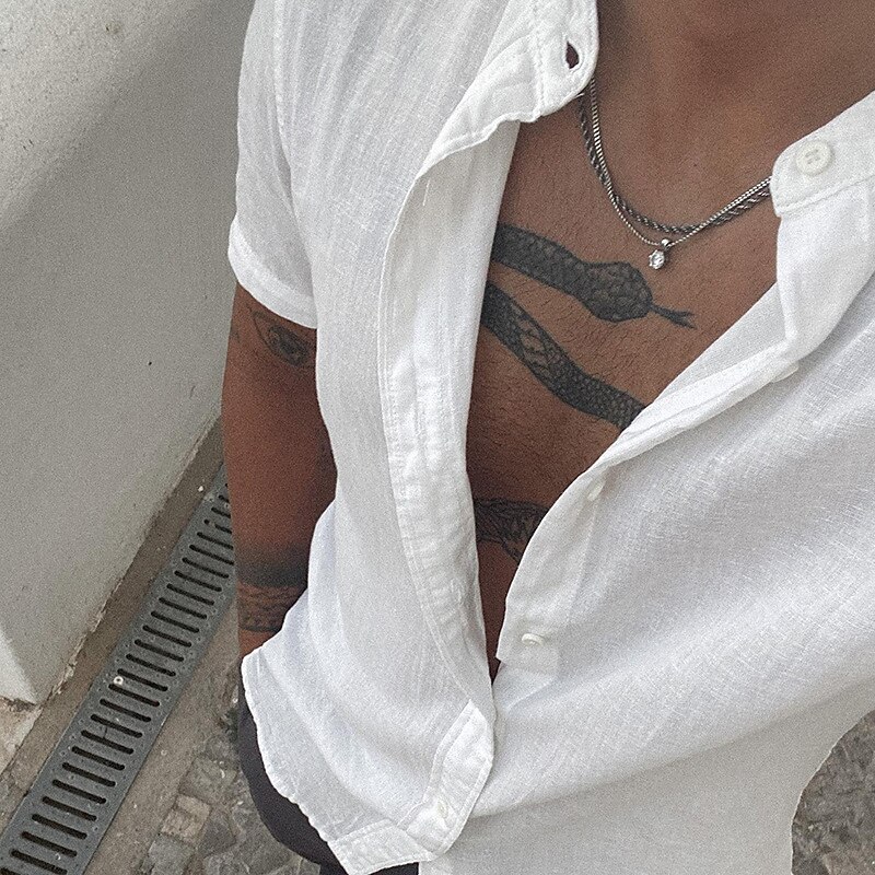 Men's Shirt Linen Shirt Chinese Collar Shirt Mandarin Collar Shirt Summer Shirt Beach Shirt Plain Vacation Casual White Short Sleeve Grandad Collar Summer Clothing Apparel4