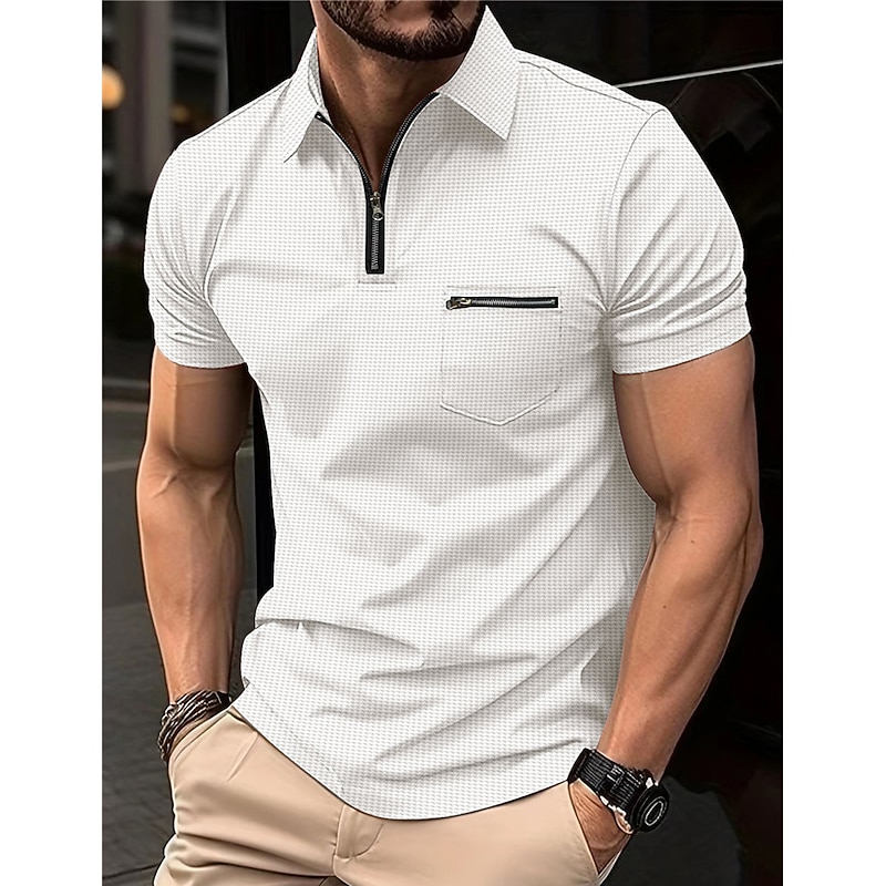 Men's Waffle Polo Shirts Polo Shirts Outdoor Sports Lapel Quarter Zip Short Sleeve Fashion Modern Plain Zipper Pocket Summer Regular Fit Black White Navy Blue Beige Gray Waffle Polo Shirts