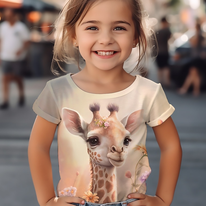 Girls' 3D Graphic Cartoon Giraffe T shirt Tee Short Sleeve 3D Print Summer Spring Active Fashion Cute Kids 3-12 Years Outdoor Casual Daily Regular Fit