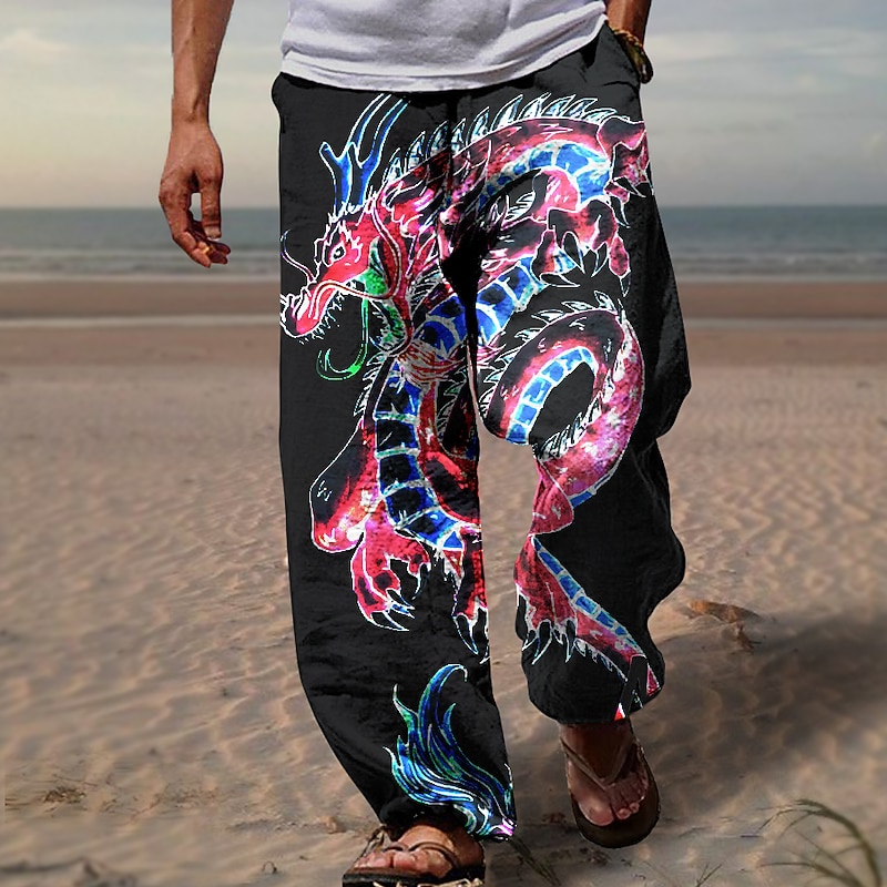 Dragon Beach Pants Mens Graphic | Summer Daily Holiday Black | Trousers Drawstring Elastic Waist 3D Print Animal Prints Comfort Casual Streetwear2