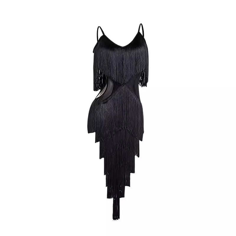 Latin Dance Dress Fringed Tassel Pure Color Splicing Women's Performance Party Sleeveless Polyester3
