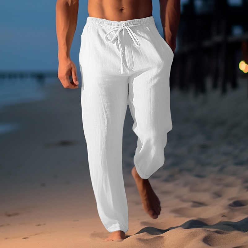 Men's Linen Pants Trousers Summer Pants Beach Pants Drawstring Elastic Waist Straight Leg Plain Comfort Breathable Casual Daily Holiday Fashion Classic Style Light Khaki Black2