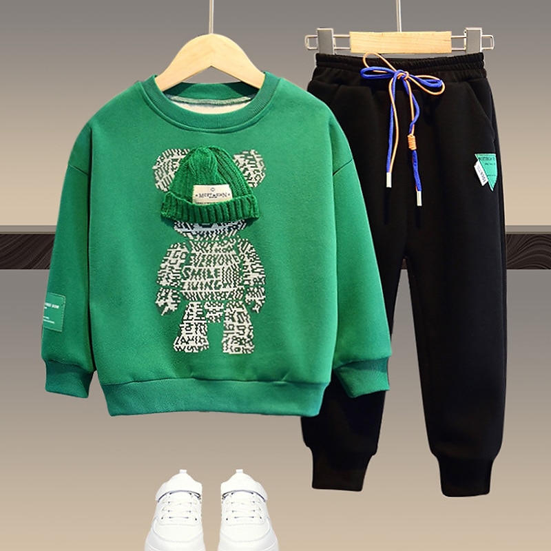 2 Pieces Kids Boys Hoodie & Sweatpants Set Clothing Set Outfit Bear Letter Long Sleeve Pocket Set Outdoor Fashion Cool Daily Spring Fall 7-13 Years Black White Army Green2