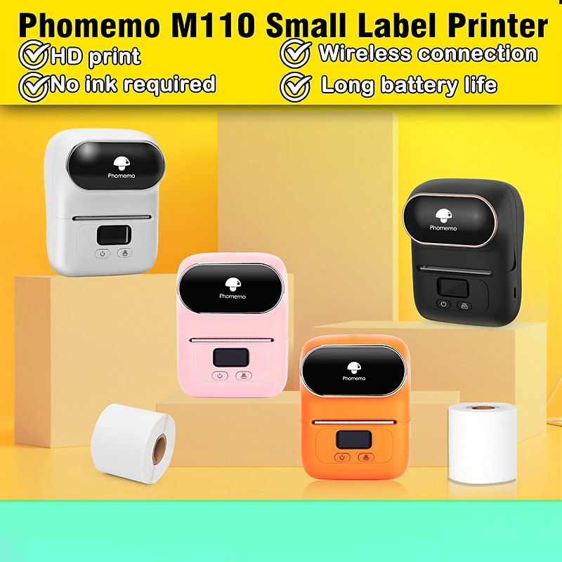 Phomemo M110 Thermal Label Makers - Portable BT Thermal Label Maker Printer For Barcode, Clothing, Jewelry, Retail, Mailing, Compatible With Android, IOS, Windows & Mac, With 1 Roll 40×30mm Label