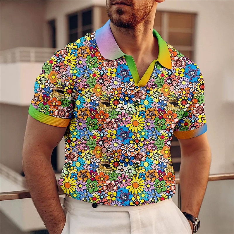 Kentucky Derby Men's Floral Hawaiian Polo Shirts Golf Shirt Short Sleeve Polo Shirts V Neck Casual Beach Wear Vacation Wear Tropical Wear Party Outfits 3D Print Blue-Green Yellow Red