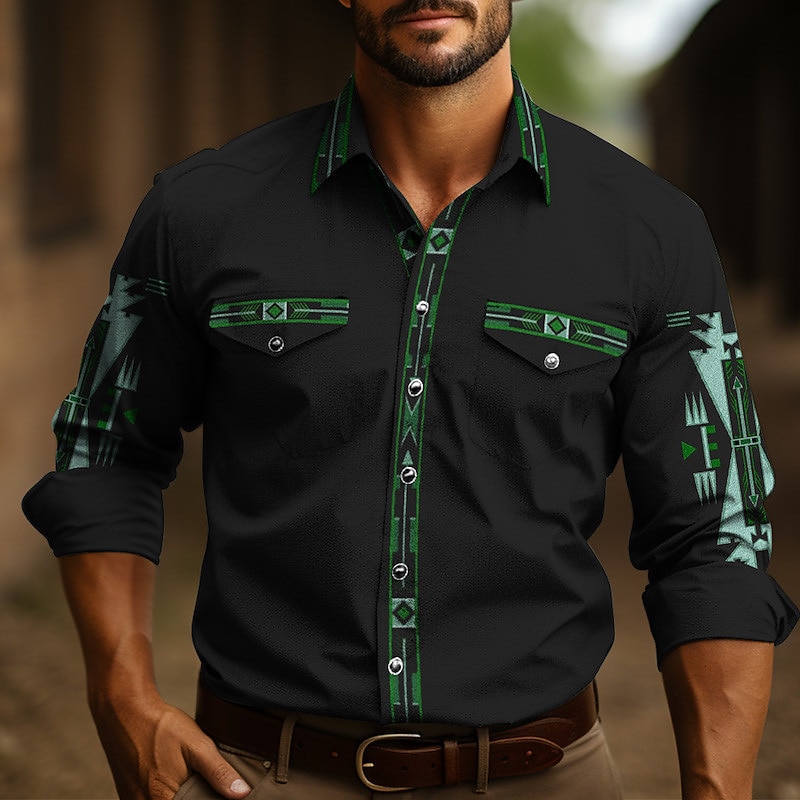 Men's Tribal Graphic Prints Vintage Shirt Western Shirt Cowboy Shirt Long Sleeve Fashion Designer Casual Outdoor Daily Fall & Winter Turndown Print Wine Green2