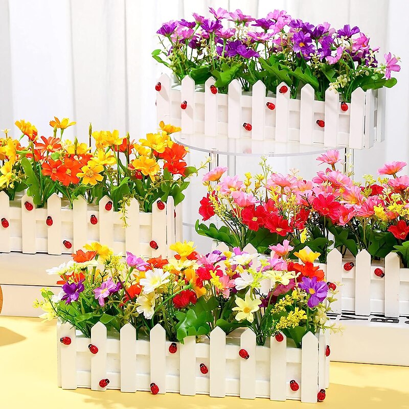 Artificial Flower Plants - Mixed Color Daisies In Picket Fence Pot For Indoor Office Wedding Home Decor,Fake Flowers For Wedding Arch Garden Wall Home Party Hotel Office Arrangement Decoration4