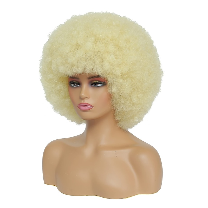 Afro Wig - 70s Blonde Afro Wig For Women Soft Afro Kinky Curly Hair Wigs With Bangs Natural Looking Men Bouncy Blonde Afro Puff Wig Synthetic Hair Big Afro Wig Halloween Cosplay Party Wigs