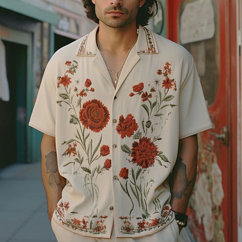 Men's Floral Shirt Button Up Shirt Short Sleeve Sports Fashion Streetwear Outdoor Casual Holiday Summer Spring Cuban Collar Print White Yellow Wine Red2
