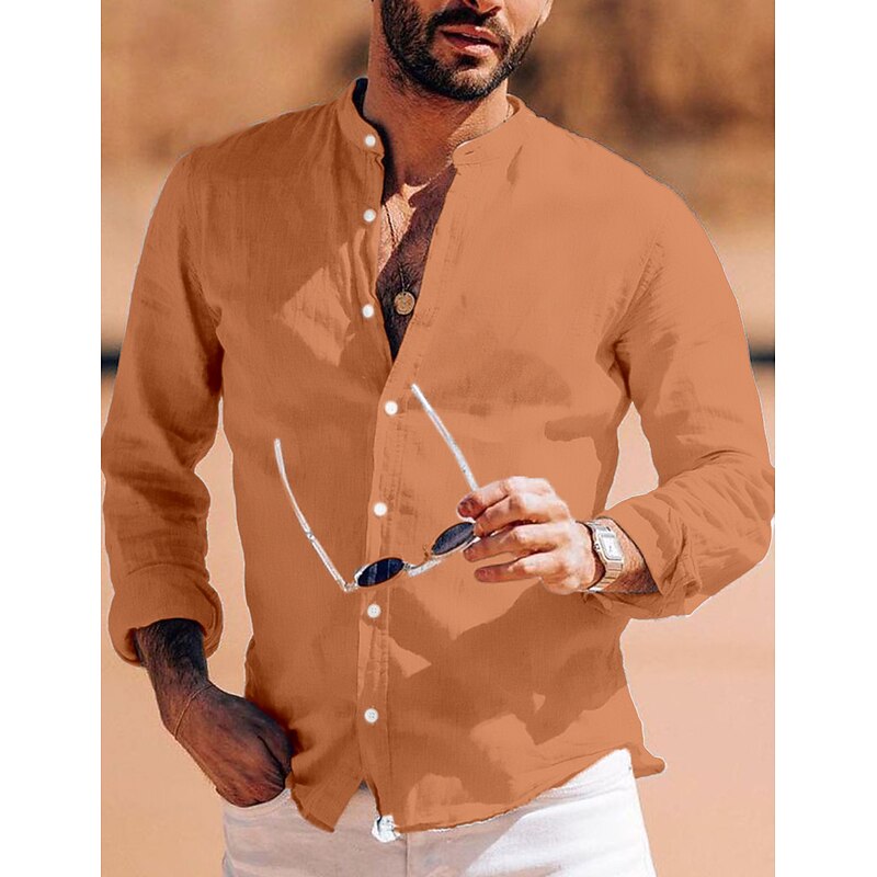 Men's Cotton Linen Shirt Chinese Collar Shirt Mandarin Collar Shirt Plain Vacation Beach White Blue Long Sleeve Grandad Collar Spring & Summer Clothing Apparel