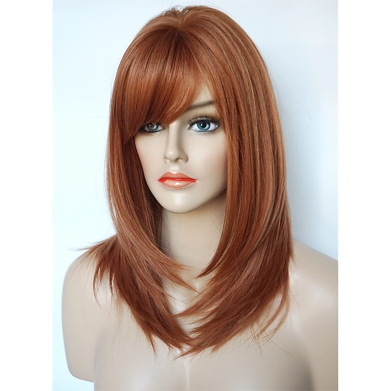 Medium Length wig for women Copper wig Ginger wig Layered wig with bangs Synthetic wig Highlight for white Women2