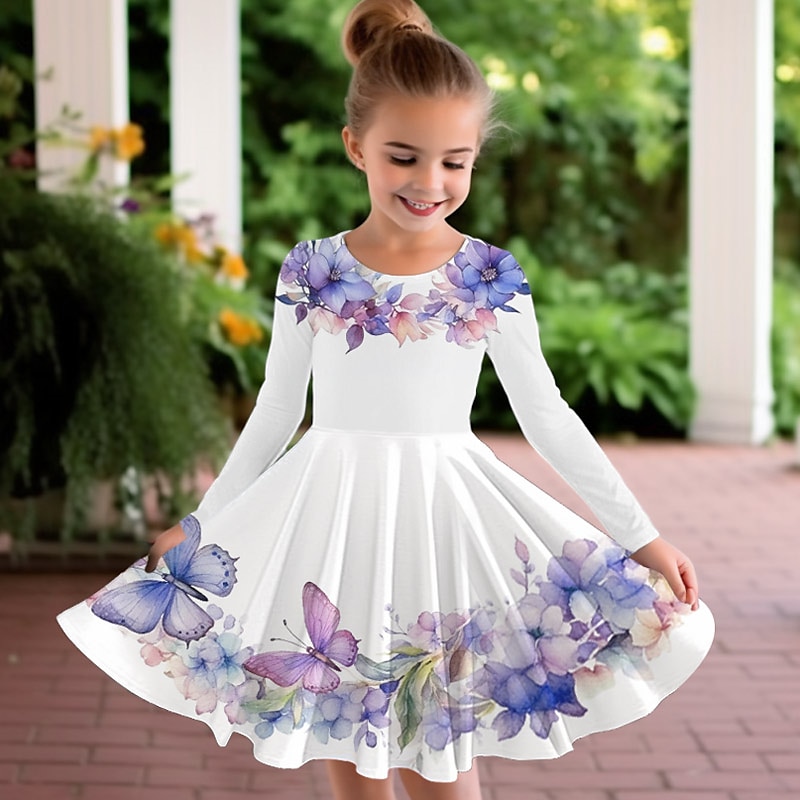 Easter Girls' 3D Floral Graphic Butterfly Dress Long Sleeve 3D Print Summer Fall Vacation Sports & Outdoor Daily Cute Casual Beautiful Kids 3-12 Years Casual Dress A Line Dress Above Knee Regular Fit4