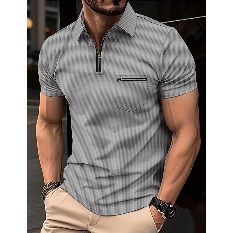 Men's Waffle Polo Shirts Polo Shirts Outdoor Sports Lapel Quarter Zip Short Sleeve Fashion Modern Plain Zipper Pocket Summer Regular Fit Black White Navy Blue Beige Gray Waffle Polo Shirts3