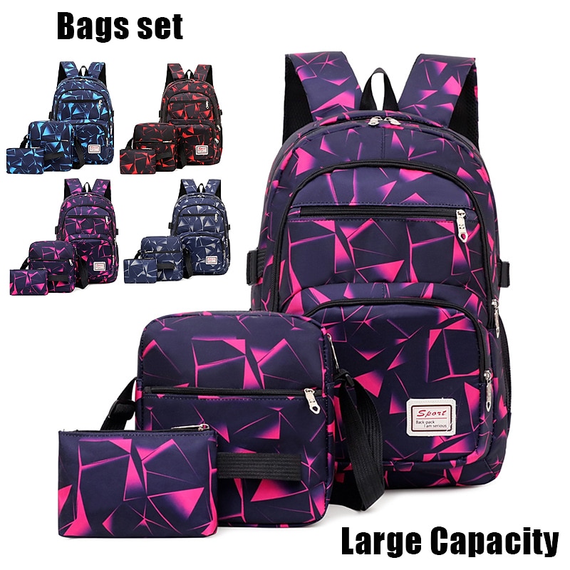 3-Piece Geometric Print School Backpack Set – Large Capacity Bookbag with Crossbody Bag and Pencil Case for Boys and Girls, Durable and Water-Resistant for Middle & High School